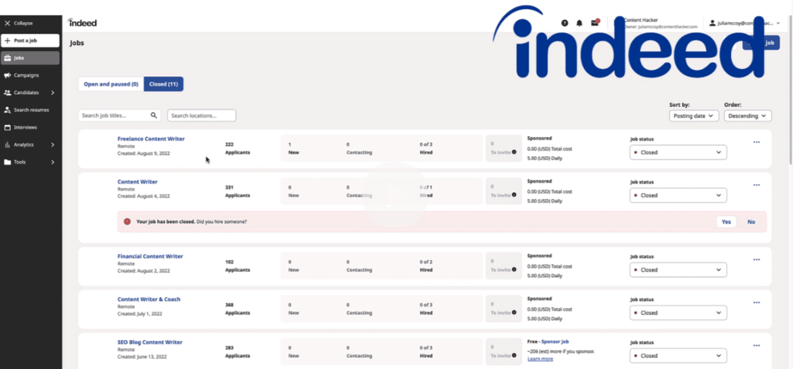 hire a content writer on indeed 