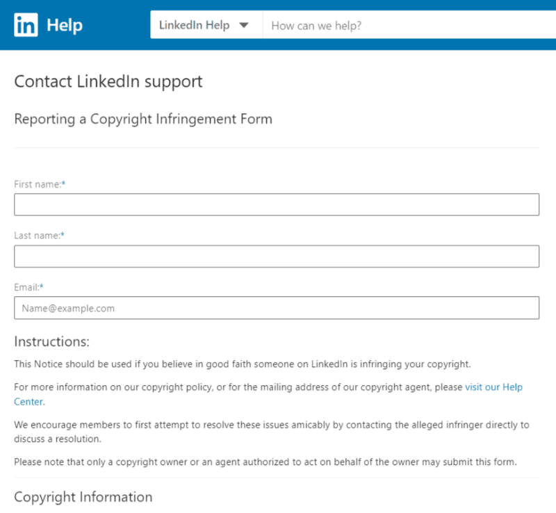 linked in - reporting a copyright infringement form