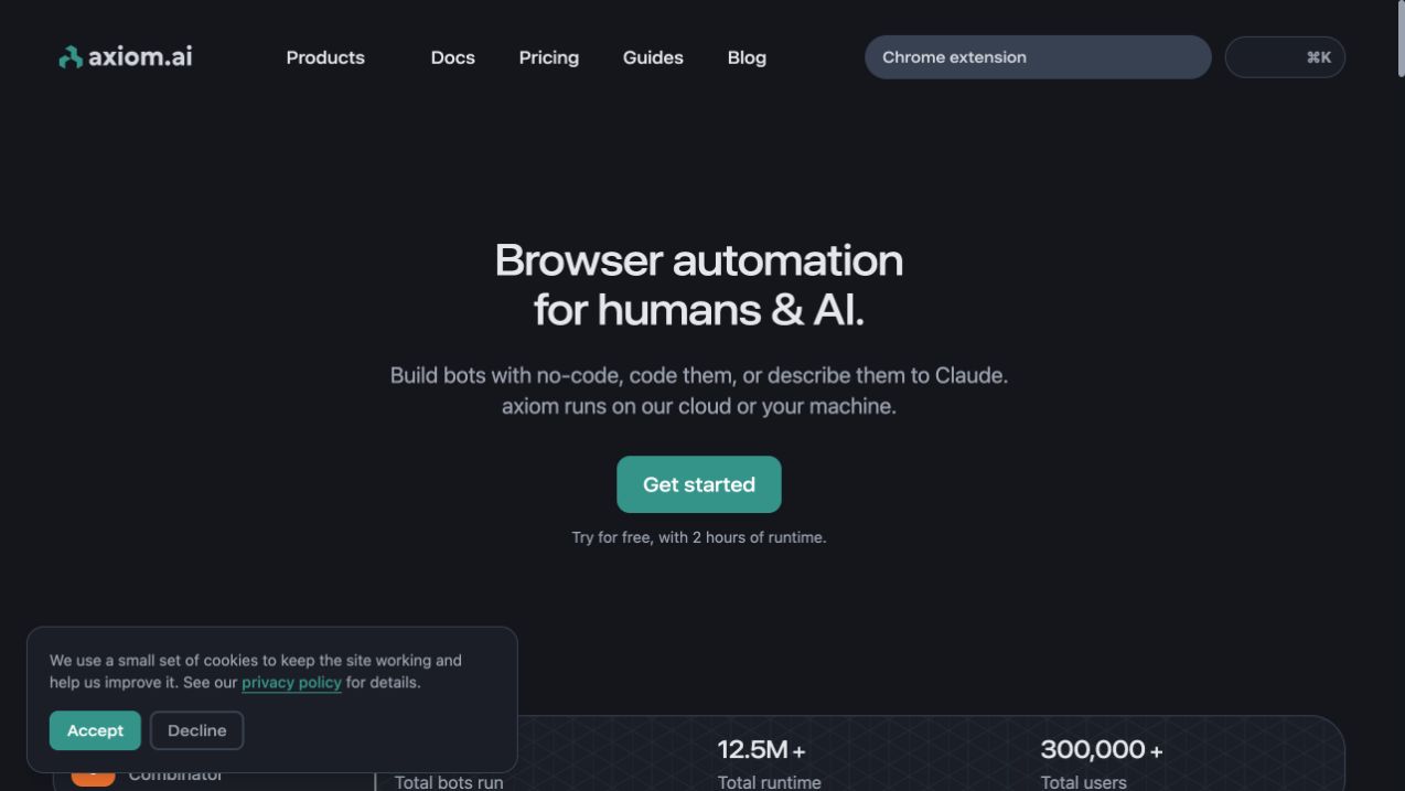 Axiom.ai homepage hero describing no-code browser automation