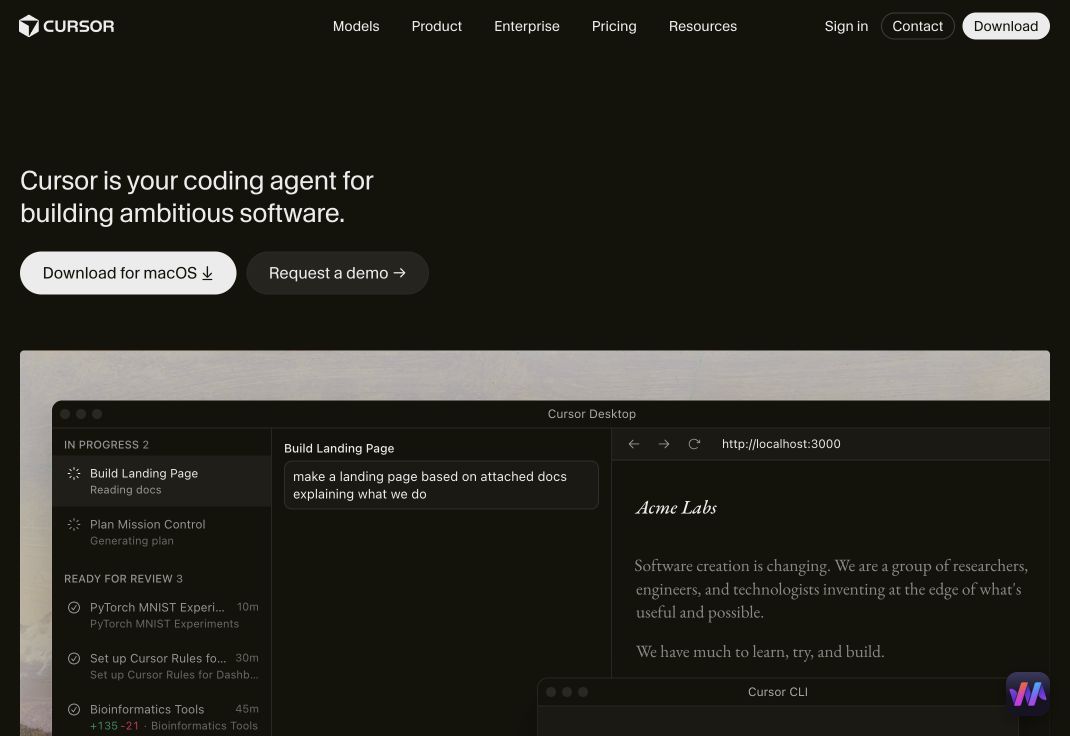 Cursor homepage hero for its AI coding agent