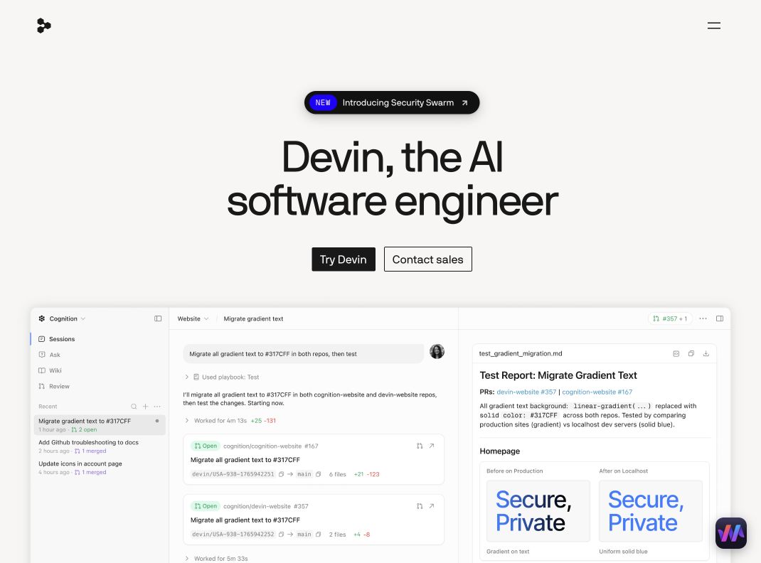 Devin homepage hero presenting an autonomous AI software engineer