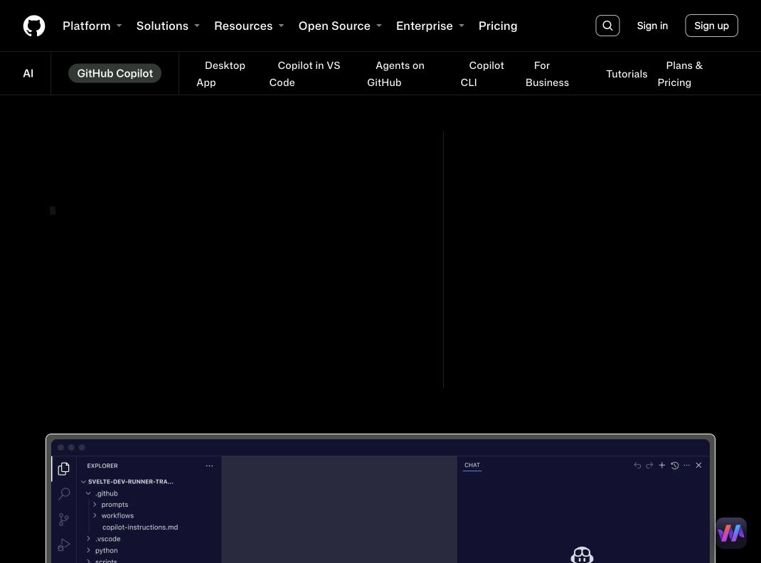GitHub Copilot product hero for AI-assisted software development