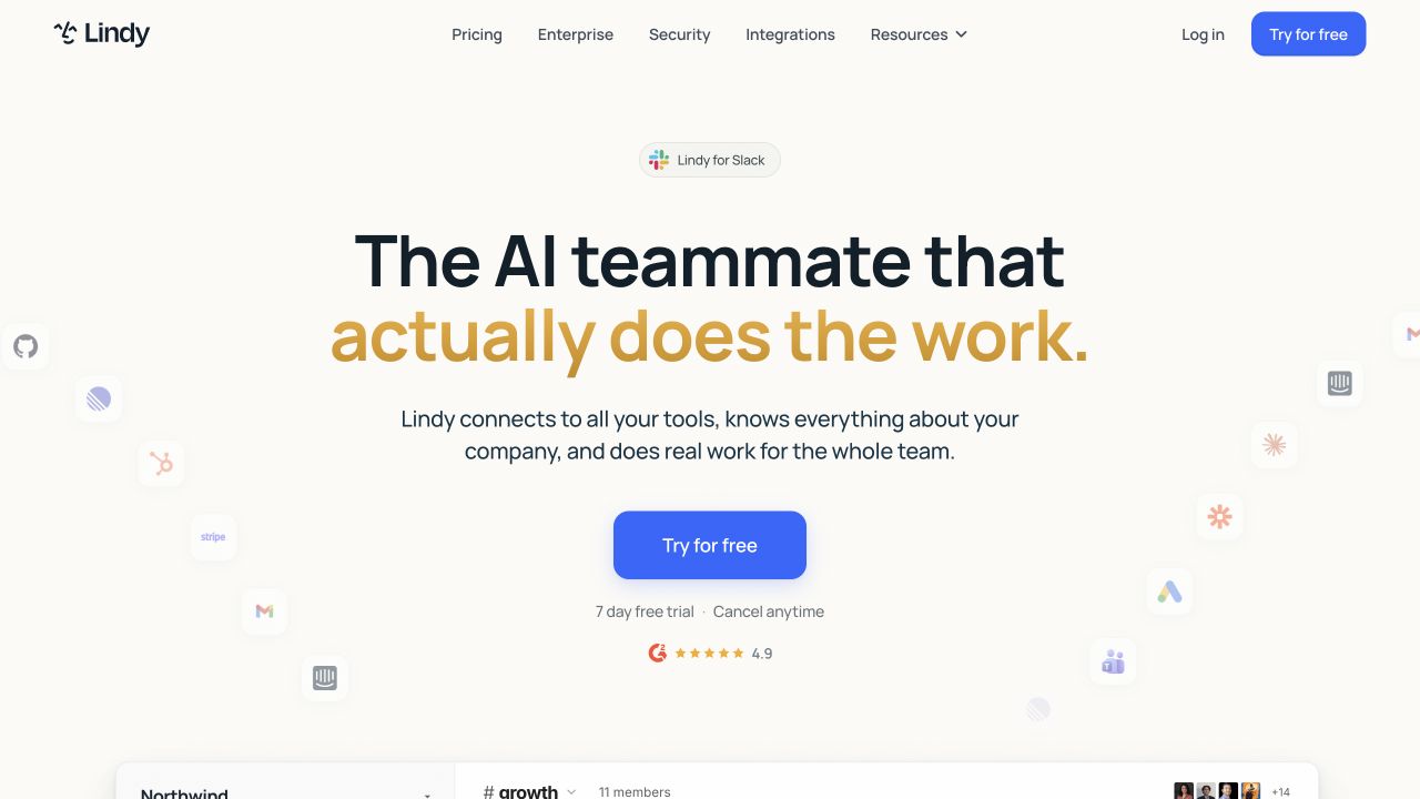 Lindy homepage hero presenting an AI teammate for business work