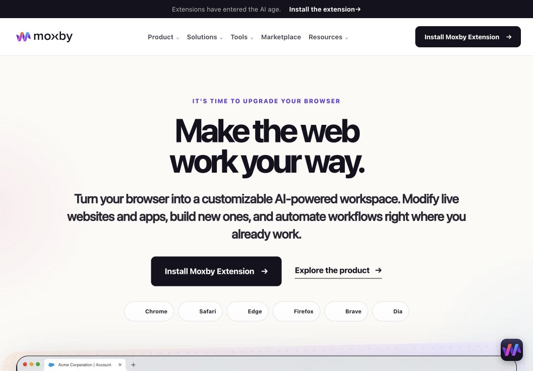 Moxby homepage hero showing the extension, Mods, Missions, and Marketplace