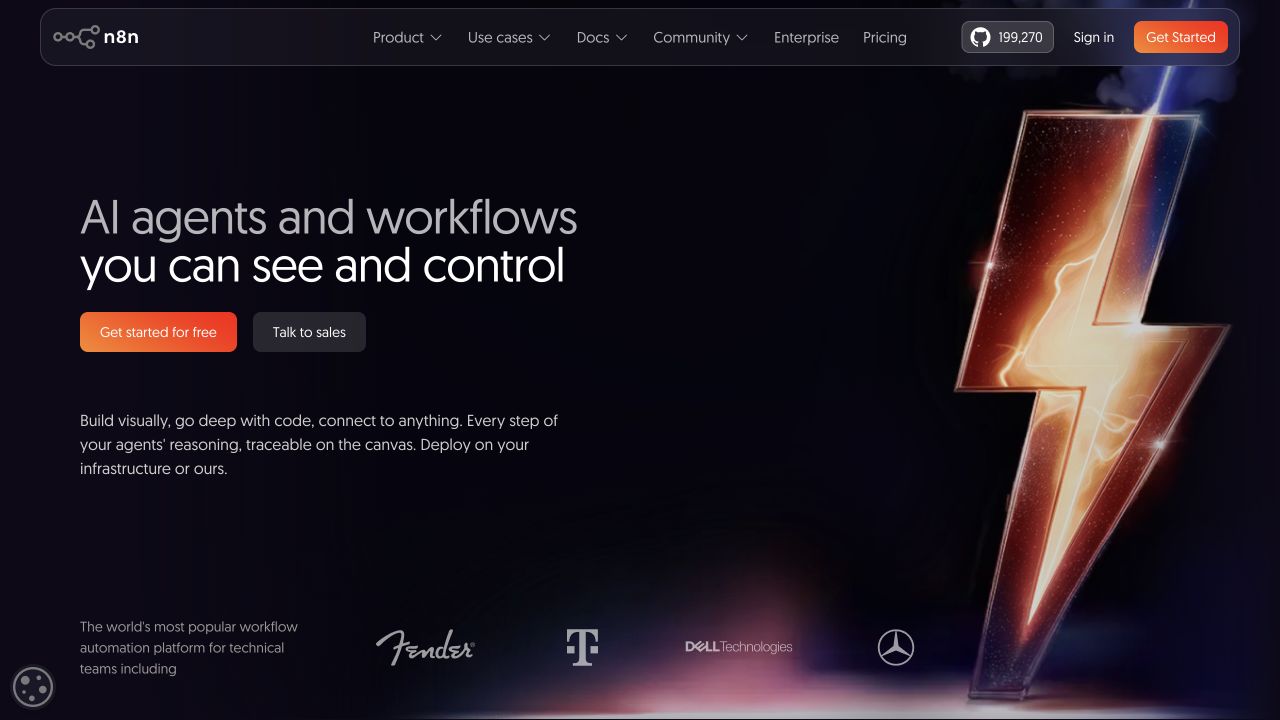 n8n homepage hero showing its workflow automation platform