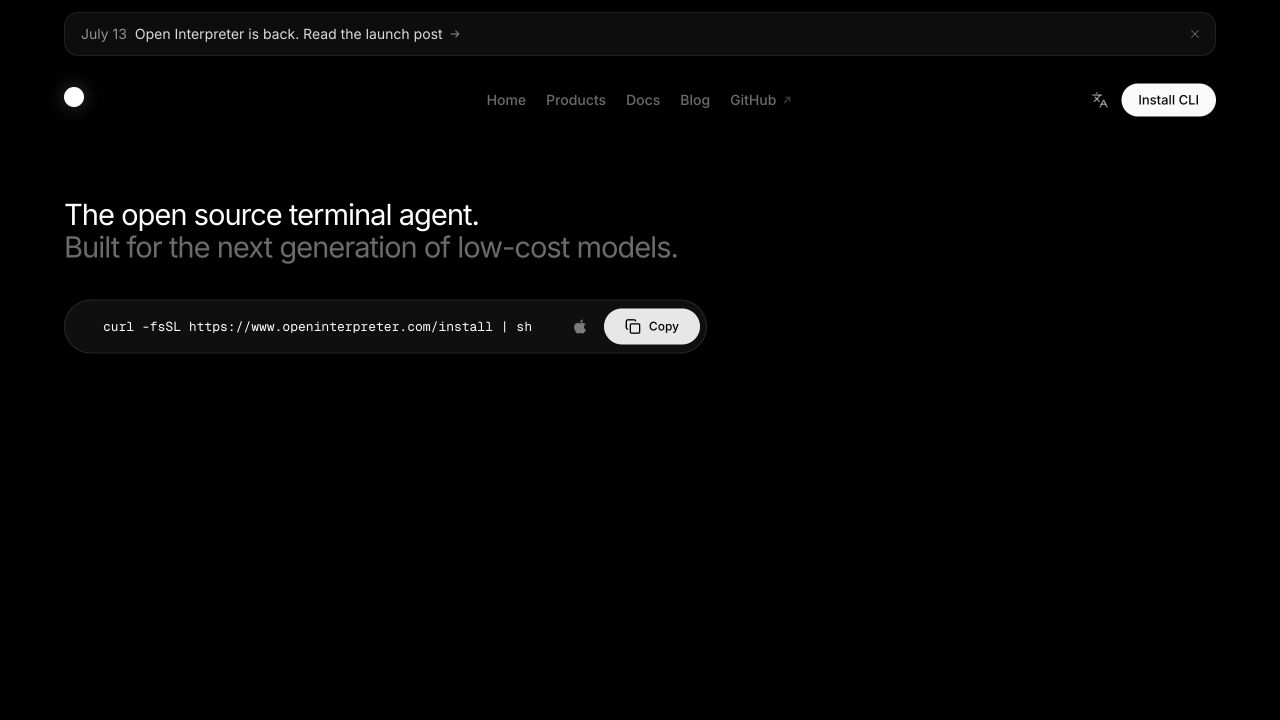 Open Interpreter homepage hero presenting its open-source terminal agent