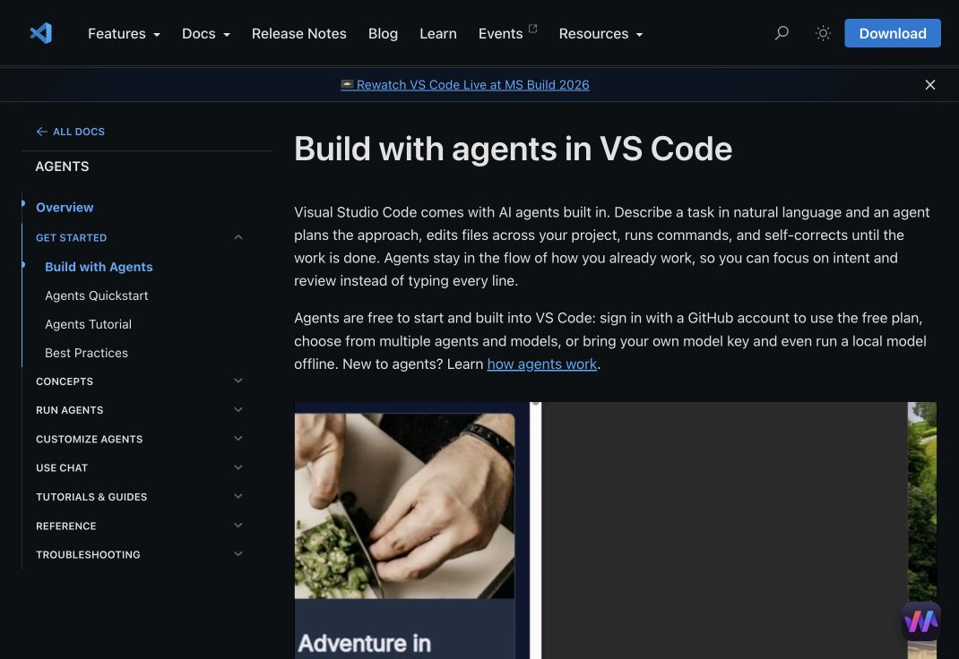 Visual Studio Code documentation hero for building with coding agents