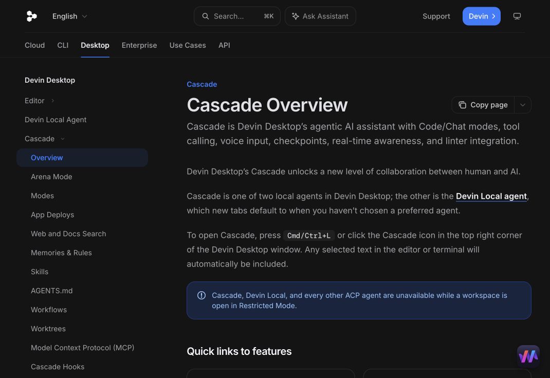 Devin Desktop Cascade documentation hero for agentic coding workflows