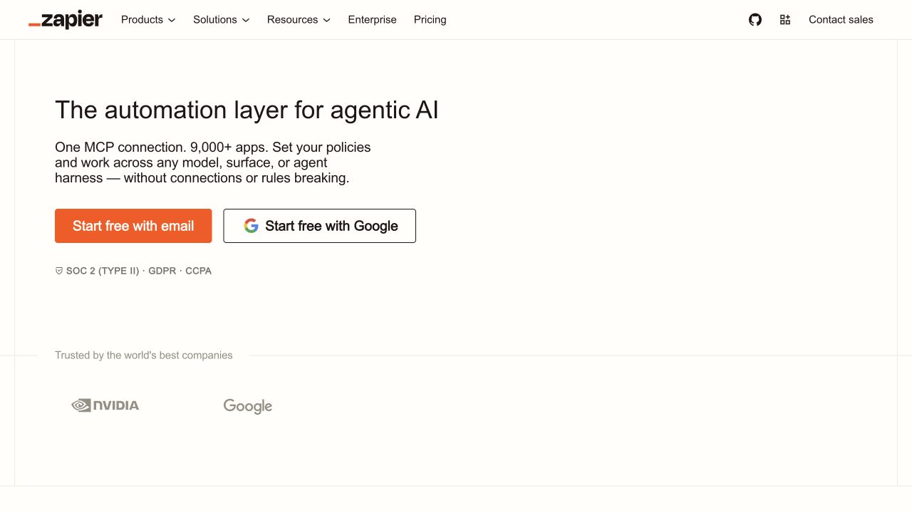 Zapier homepage hero describing its automation platform