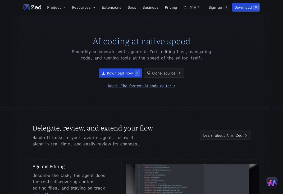 Zed AI homepage hero presenting a fast AI code editor
